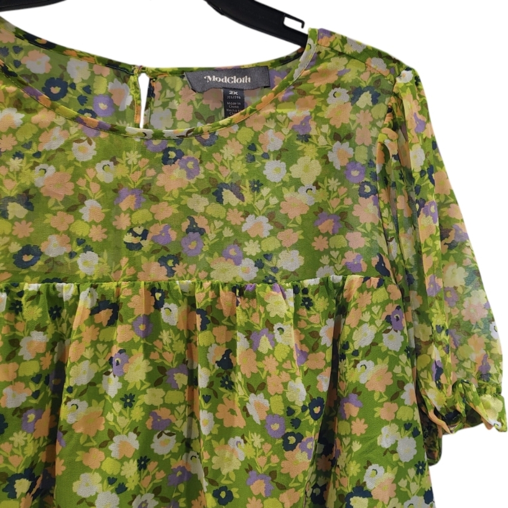 Modcloth Green Floral Short Sleeve Peasant Shirt Top Women's Plus Size 2X - Picture 5 of 10